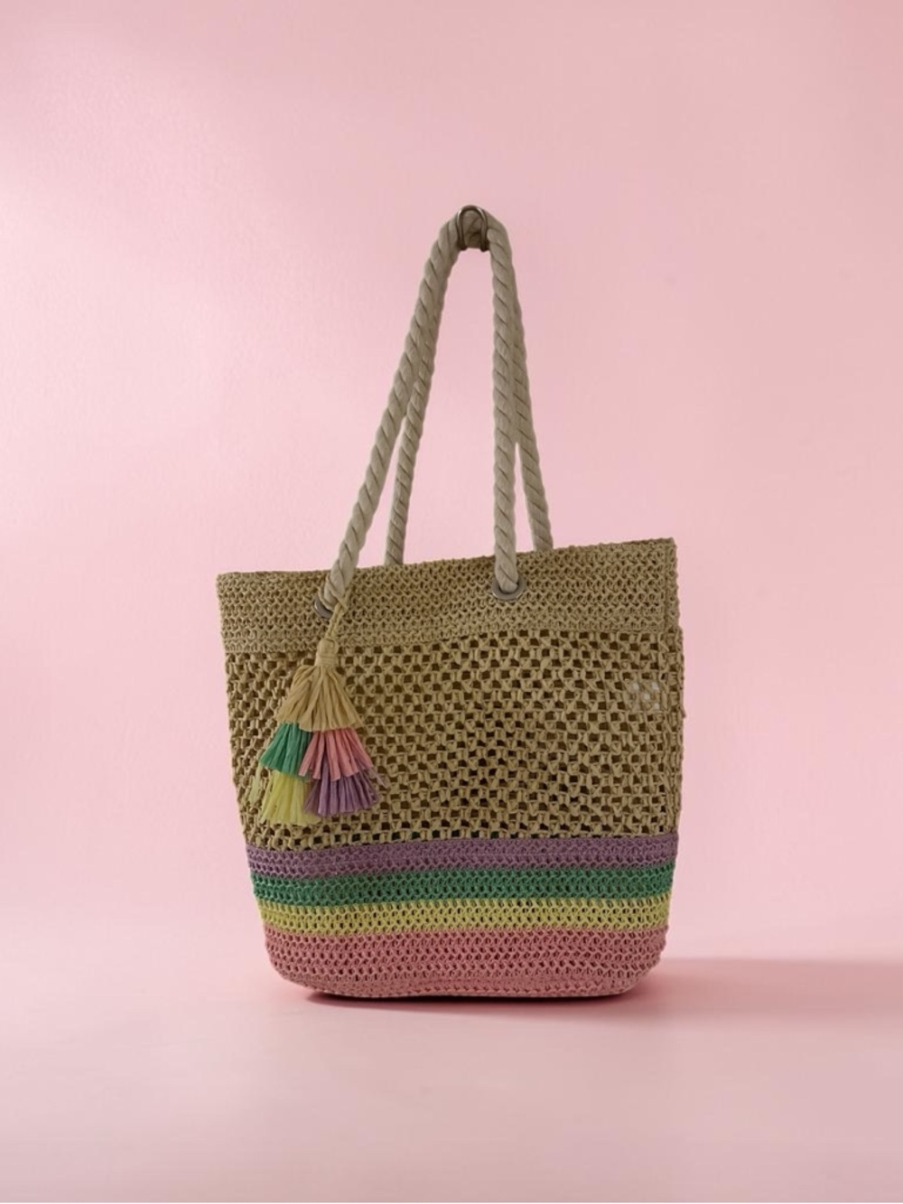 Handwoven Multicolor Straw Tote Bag - Natural